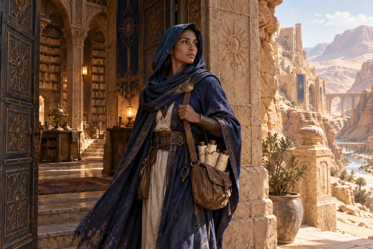 An original adult desert librarian wearing an indigo cloak and carrying a small satchel of rolled manuscripts.