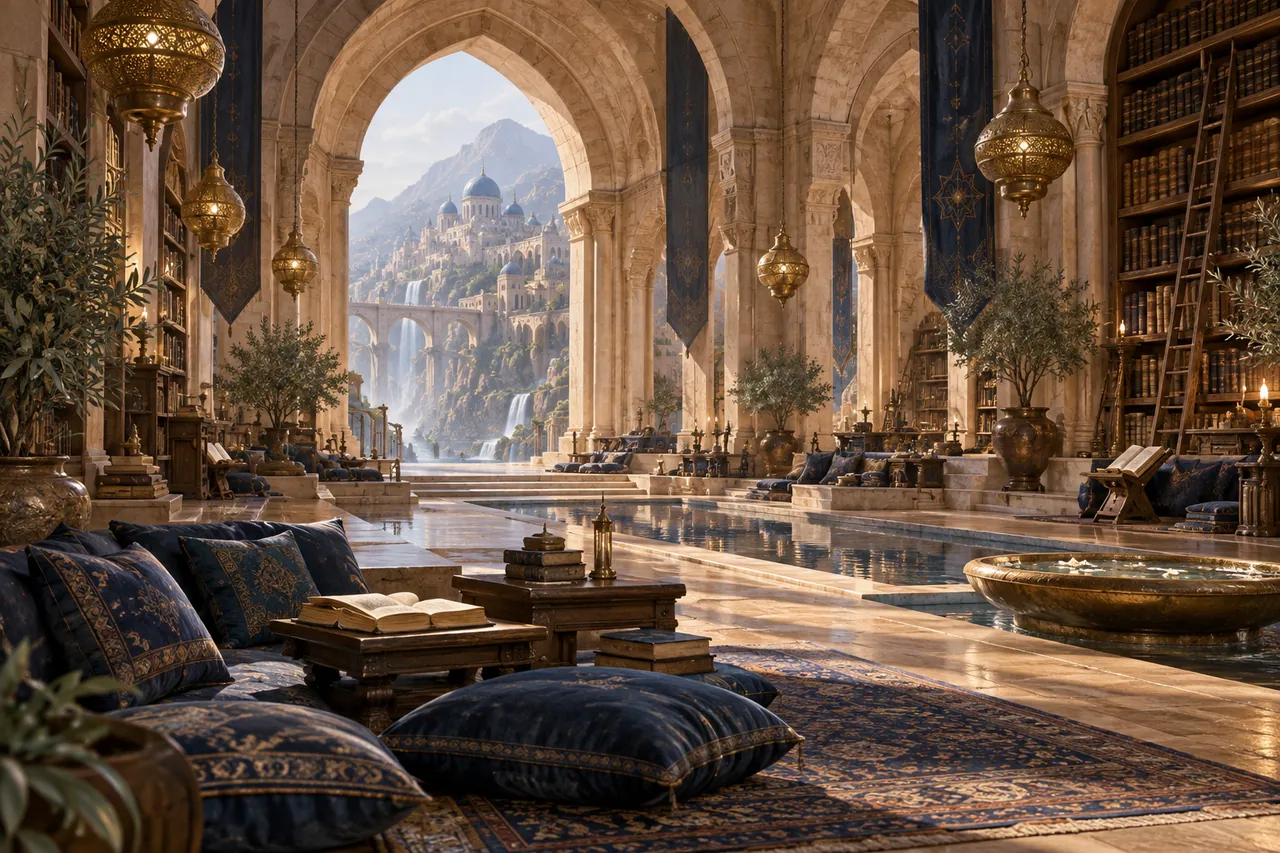 A vast sandstone reading hall with layered arches.