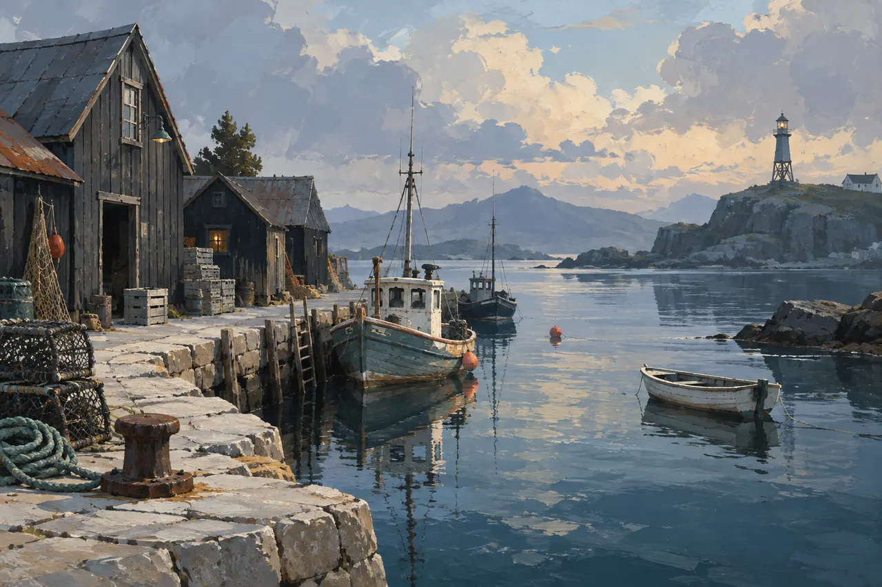 A small imaginary working harbor at rest.